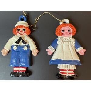 Vintage Raggedy Ann and Andy Wooden Hand Painted Hanging Ornaments